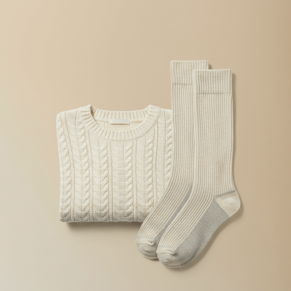 Cream-colored cable knit sweater and socks on a beige background